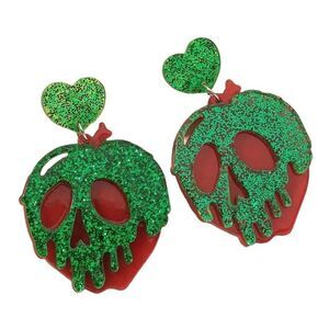 New Disney Snow White Poison Apple Earrings Red Green Glitter Skull Halloween